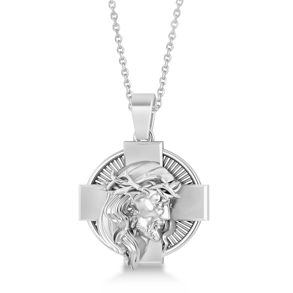 Jesus Christ Head Cross Men's Pendant Necklace 14k White Gold