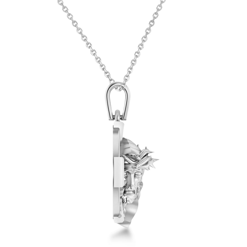 Jesus Christ Head Cross Men's Pendant Necklace 14k White Gold
