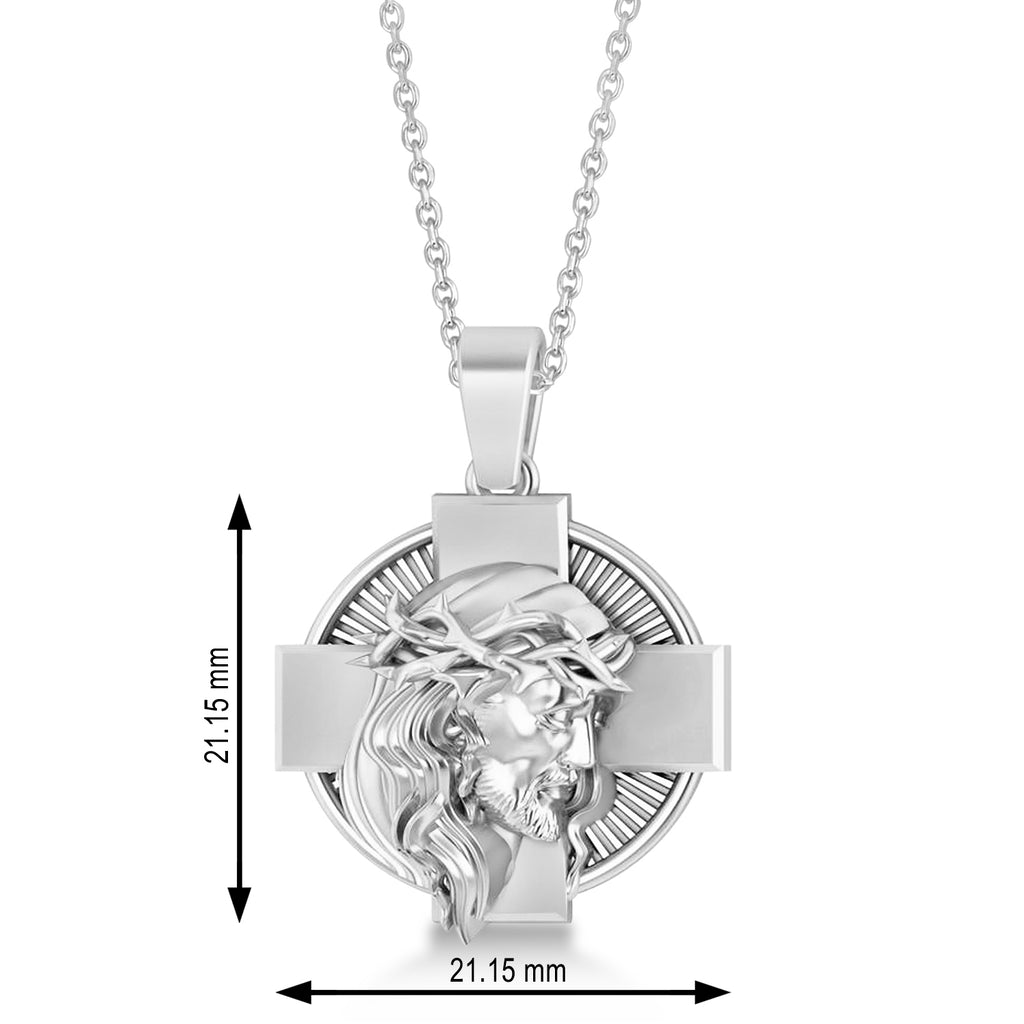 Jesus Christ Head Cross Men's Pendant Necklace 14k White Gold