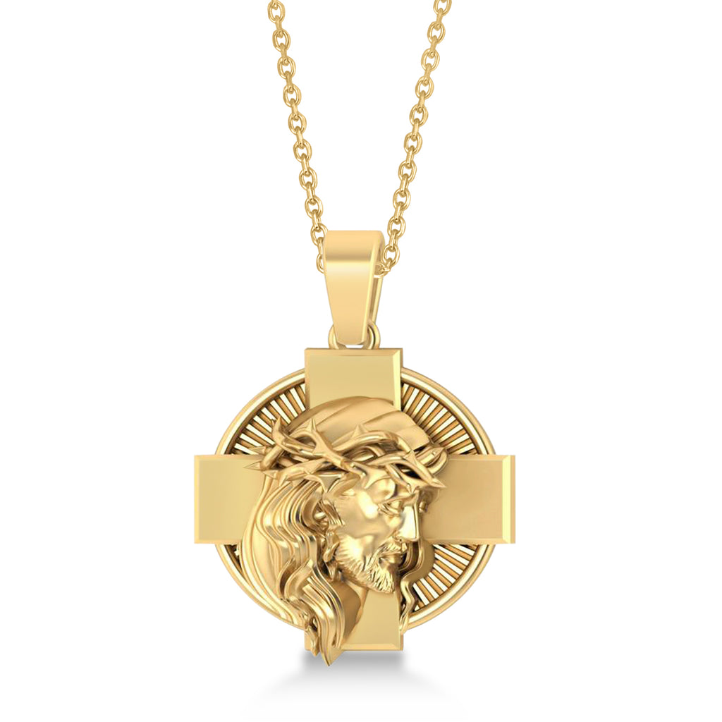 Jesus Christ Head Cross Men's Pendant Necklace 14k Yellow Gold