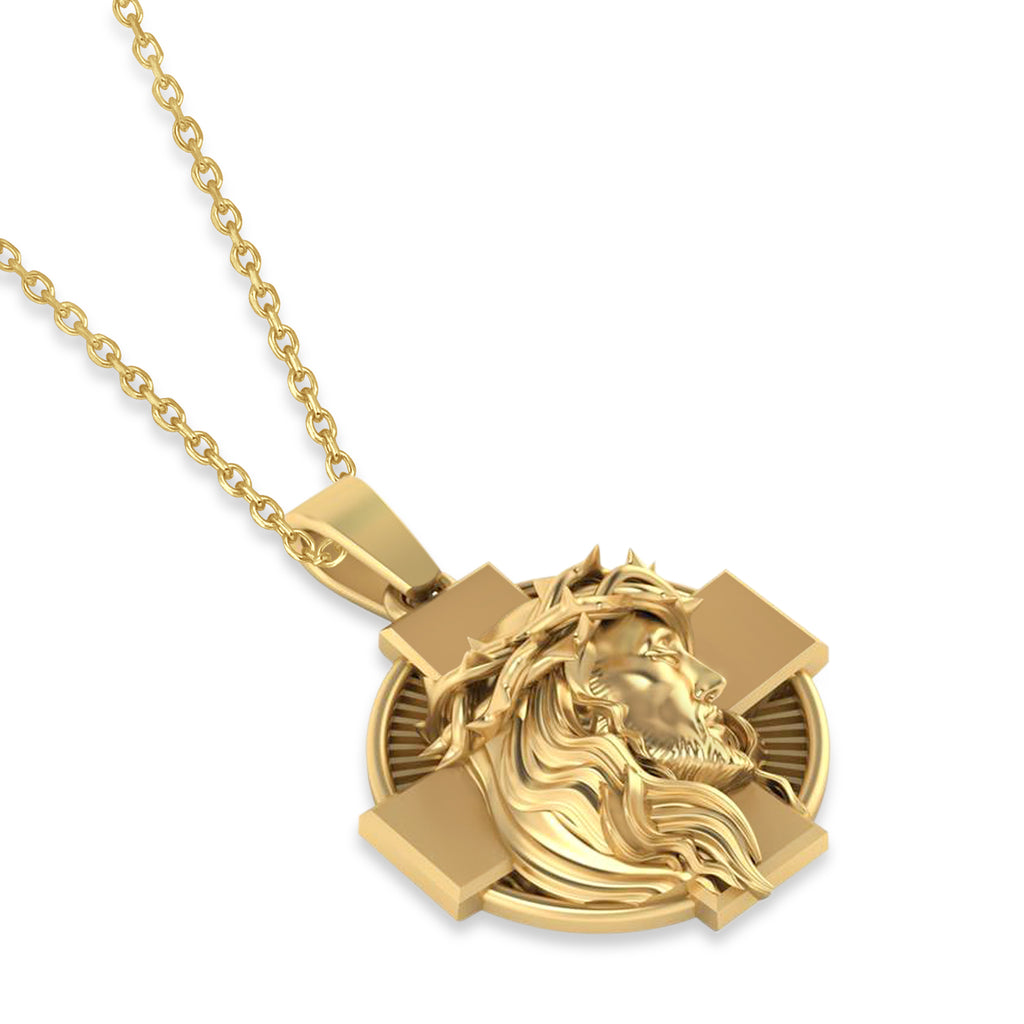 Jesus Christ Head Cross Men's Pendant Necklace 14k Yellow Gold