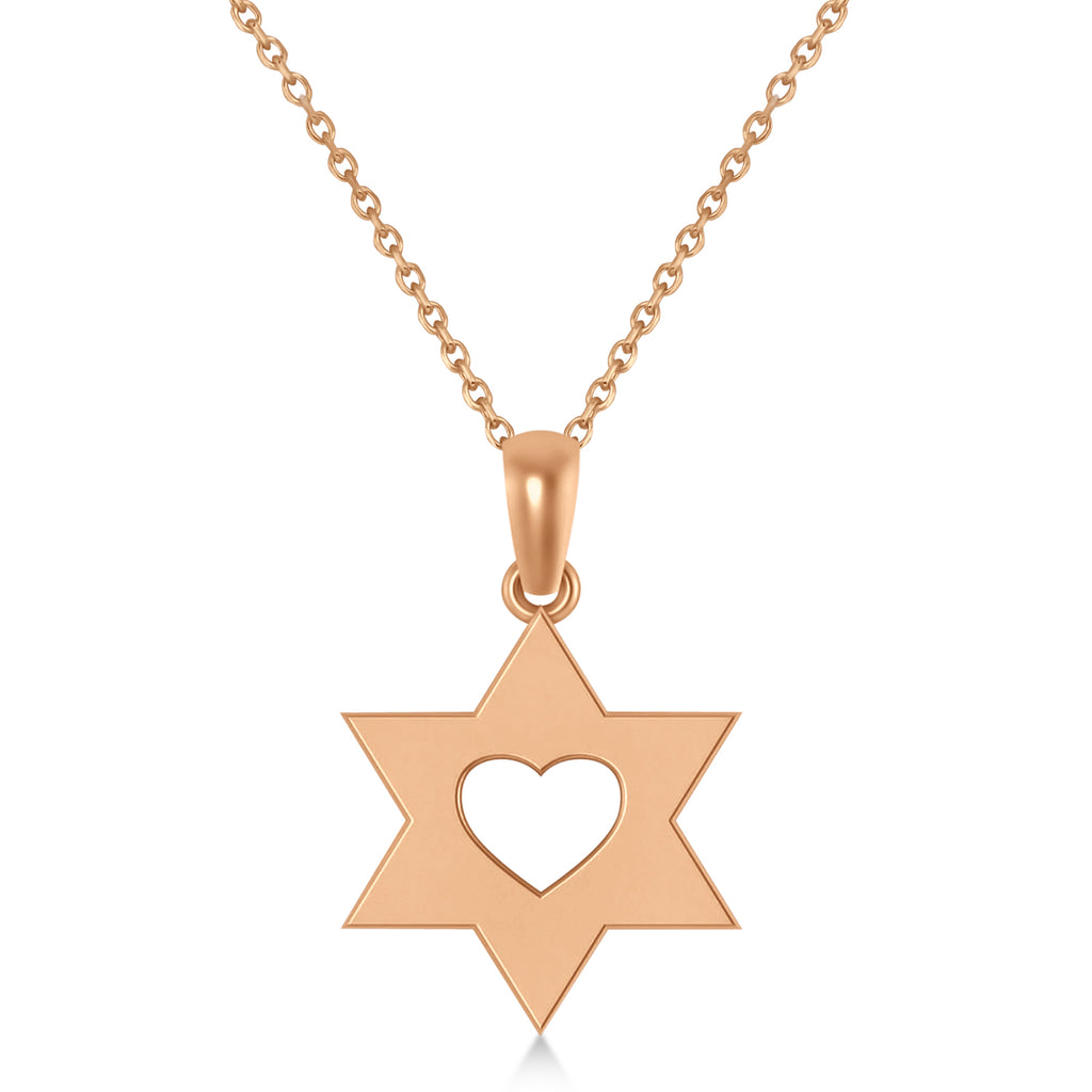 Jewish Star of David & Heart Pendant Necklace 14K Rose Gold
