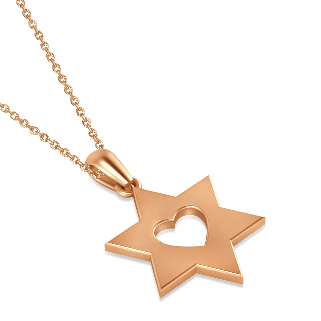 Jewish Star of David & Heart Pendant Necklace 14K Rose Gold
