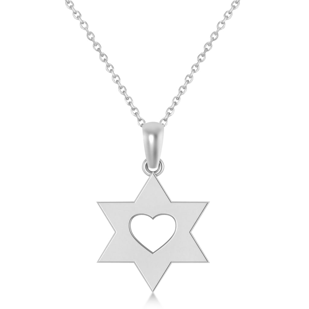 Jewish Star of David & Heart Pendant Necklace 14K White Gold