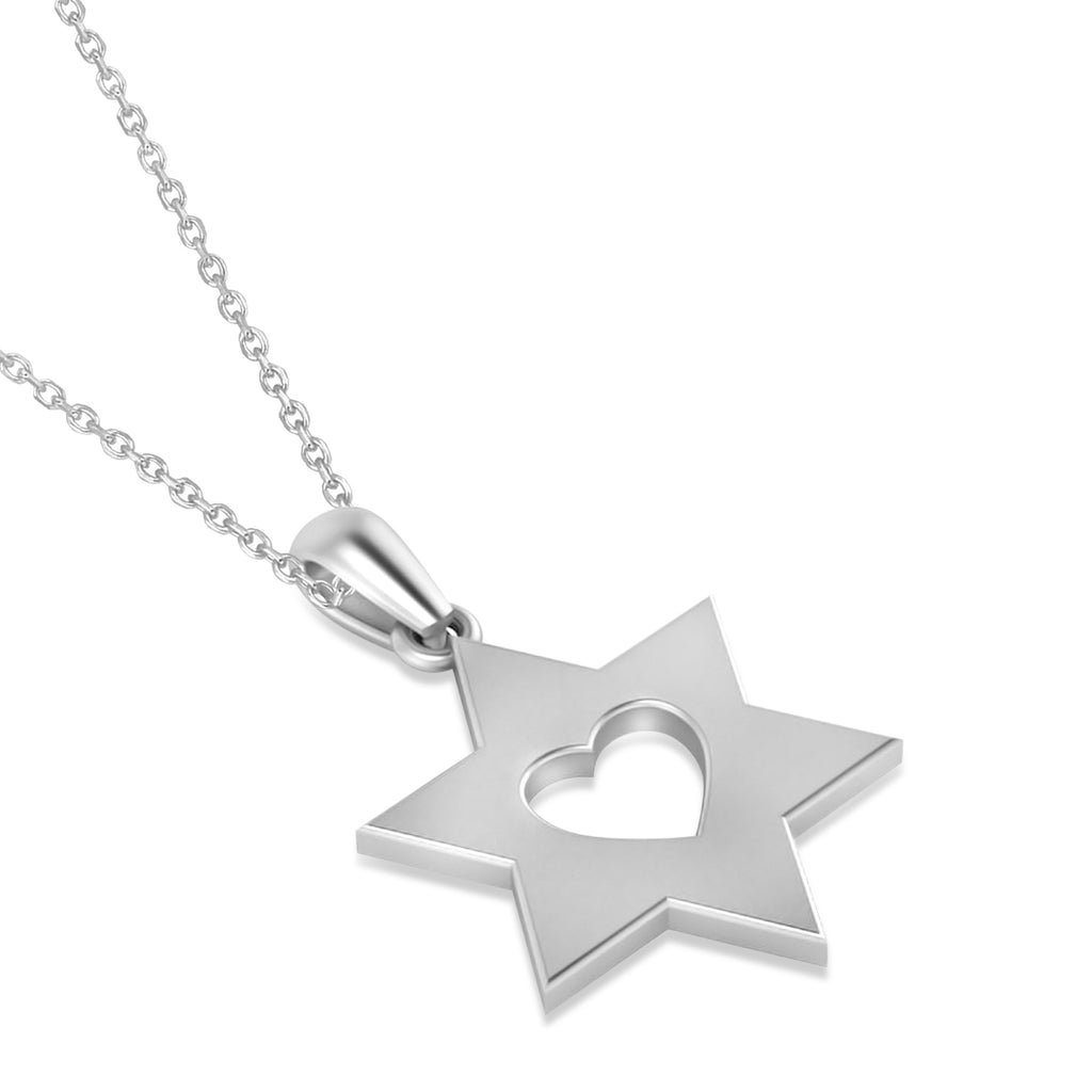 Jewish Star of David & Heart Pendant Necklace 14K White Gold