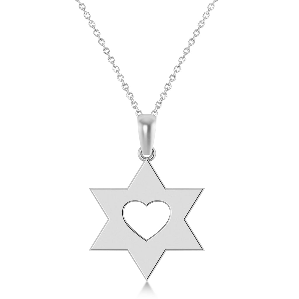 Star of David with Heart Pendant Necklace 14K White Gold