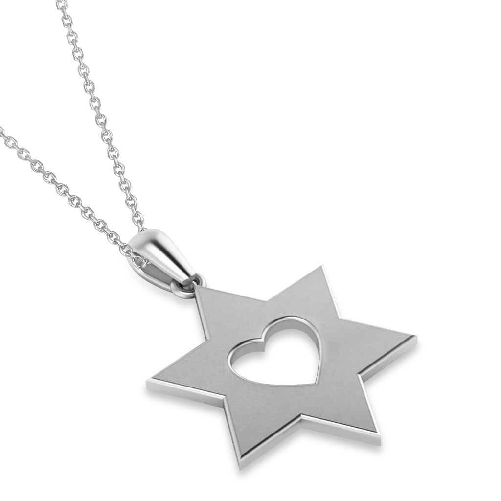 Star of David with Heart Pendant Necklace 14K White Gold