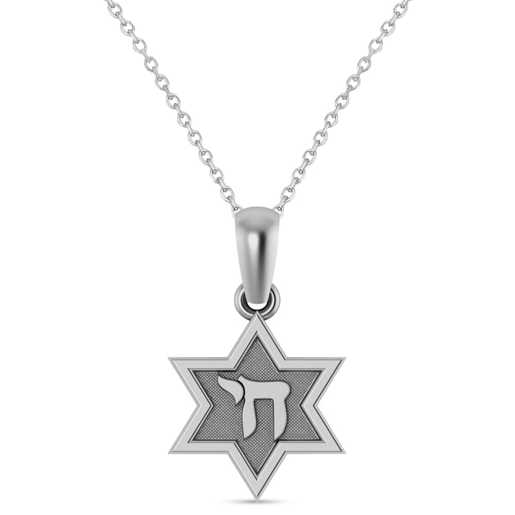Jewish Star of David with Chai Pendant Necklace 14K White Gold