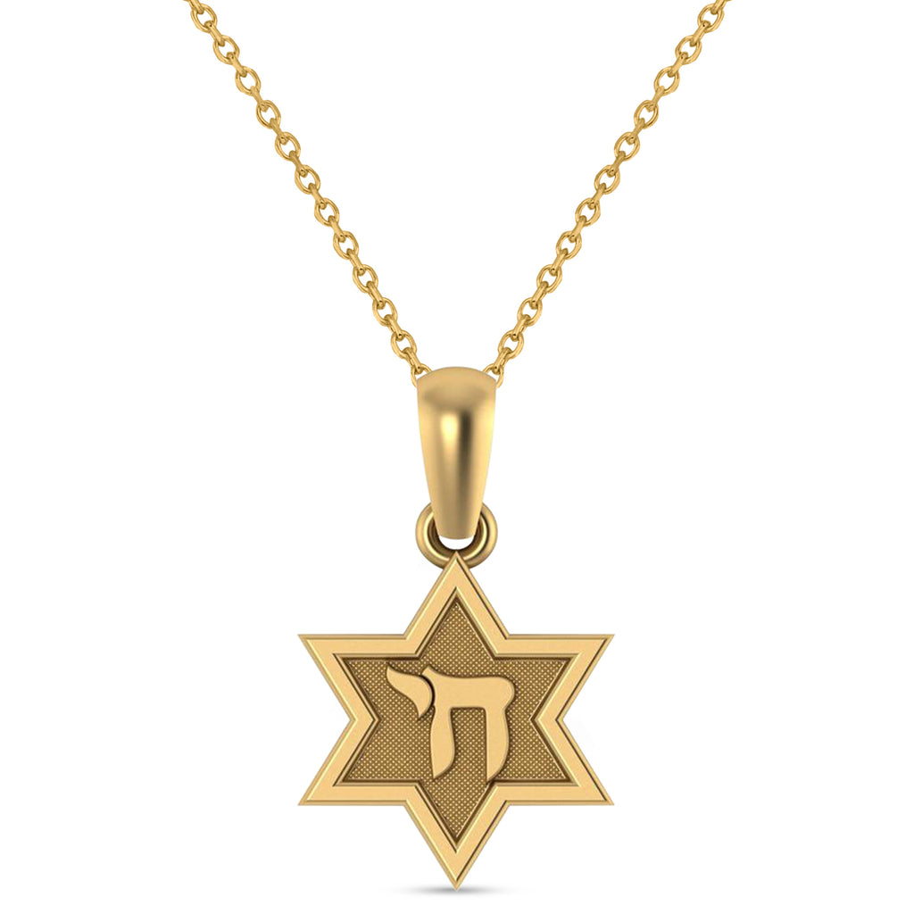 Jewish Star of David with Chai Pendant Necklace 14K Yellow Gold