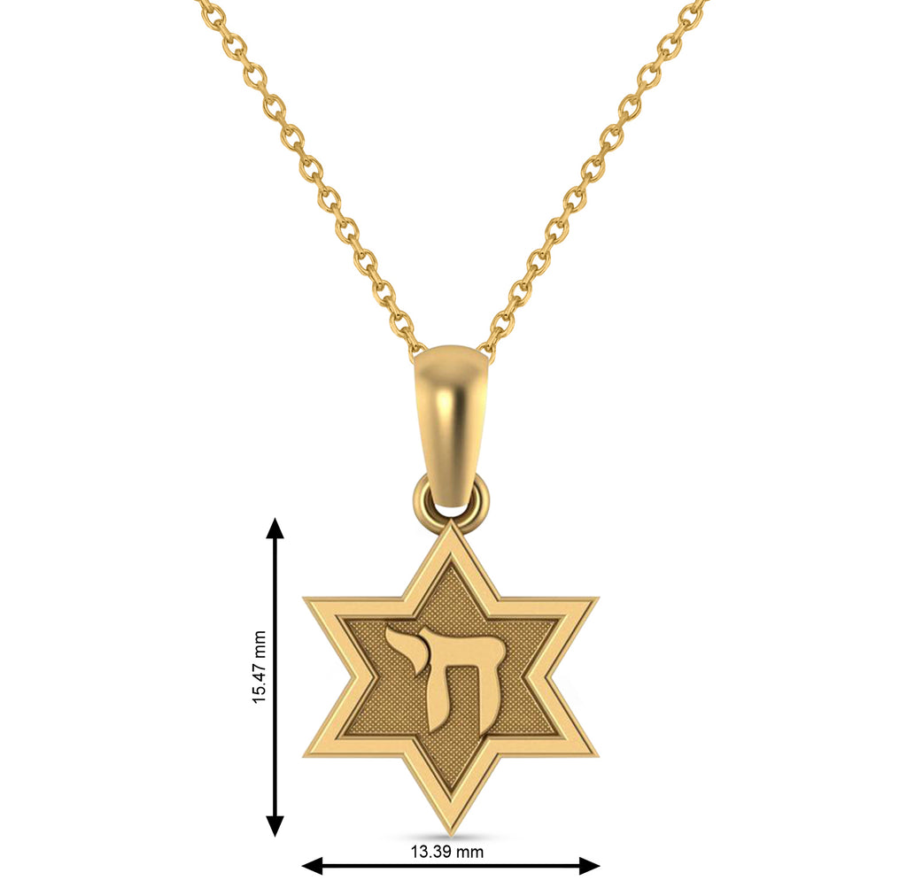 Jewish Star of David with Chai Pendant Necklace 14K Yellow Gold