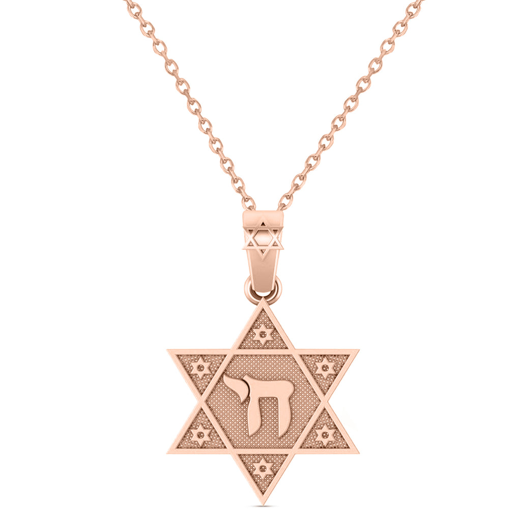 Jewish Star of David with Chai Pendant Necklace 14K Rose Gold