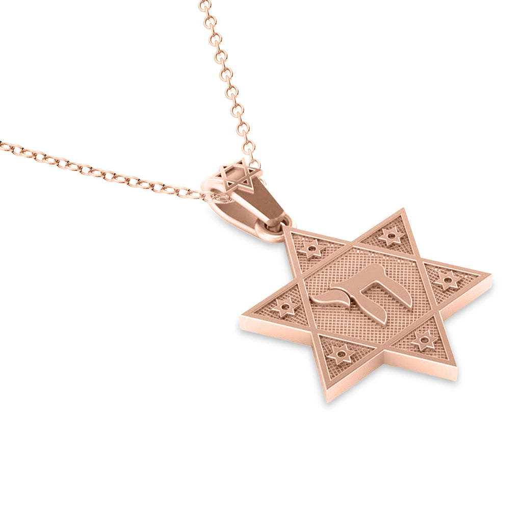 Jewish Star of David with Chai Pendant Necklace 14K Rose Gold