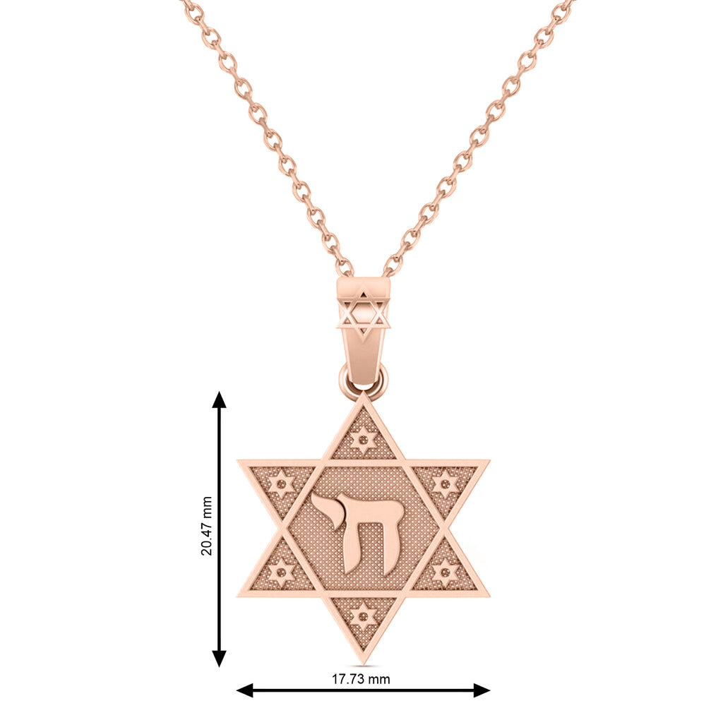 Jewish Star of David with Chai Pendant Necklace 14K Rose Gold