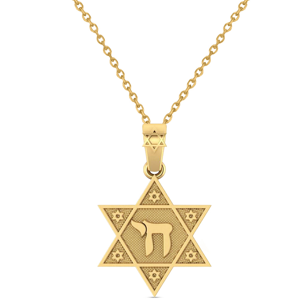 Jewish Star of David with Chai Pendant Necklace 14K Yellow Gold