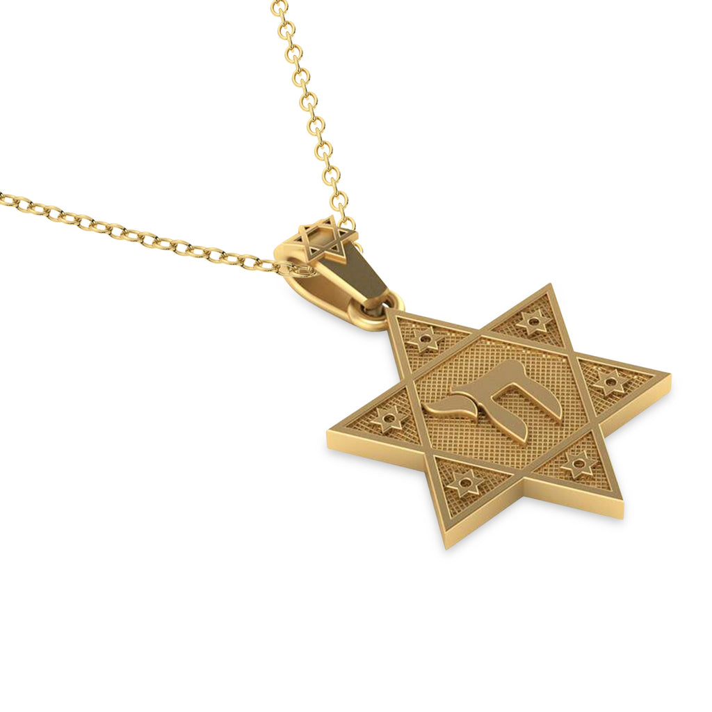 Jewish Star of David with Chai Pendant Necklace 14K Yellow Gold