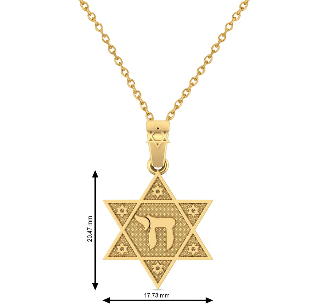 Jewish Star of David with Chai Pendant Necklace 14K Yellow Gold