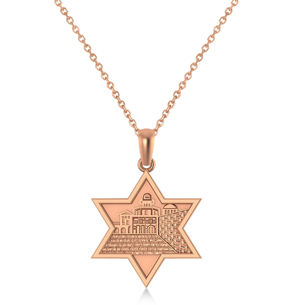 Jerusalem Motif Jewish Star of David Pendant Necklace 14K Rose Gold