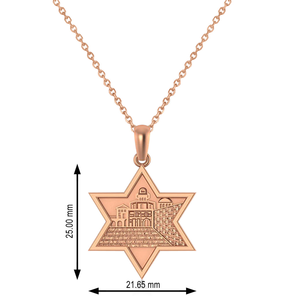Jerusalem Motif Jewish Star of David Pendant Necklace 14K Rose Gold