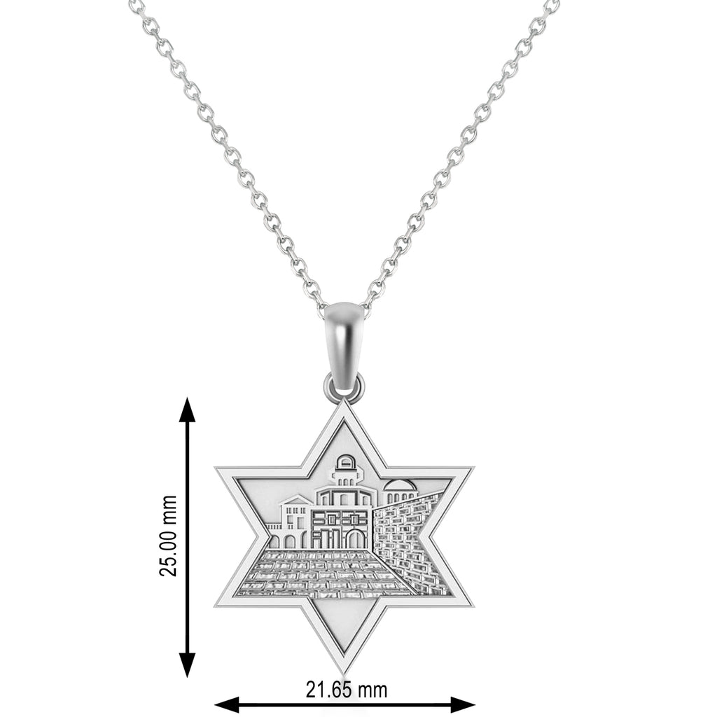 Jerusalem Motif Jewish Star of David Pendant Necklace 14K White Gold