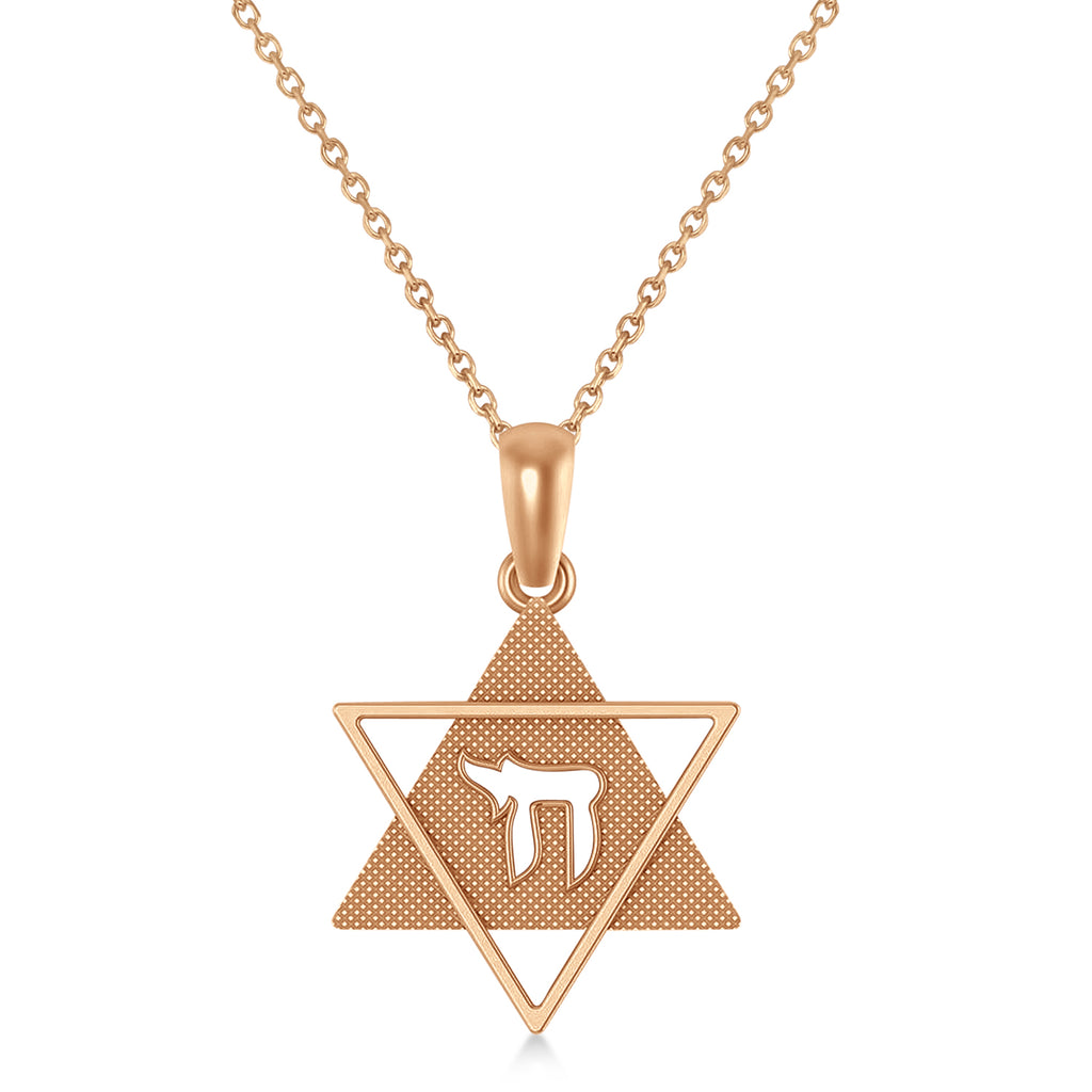 Jewish Star of David with Chai Pendant Necklace 14K Rose Gold