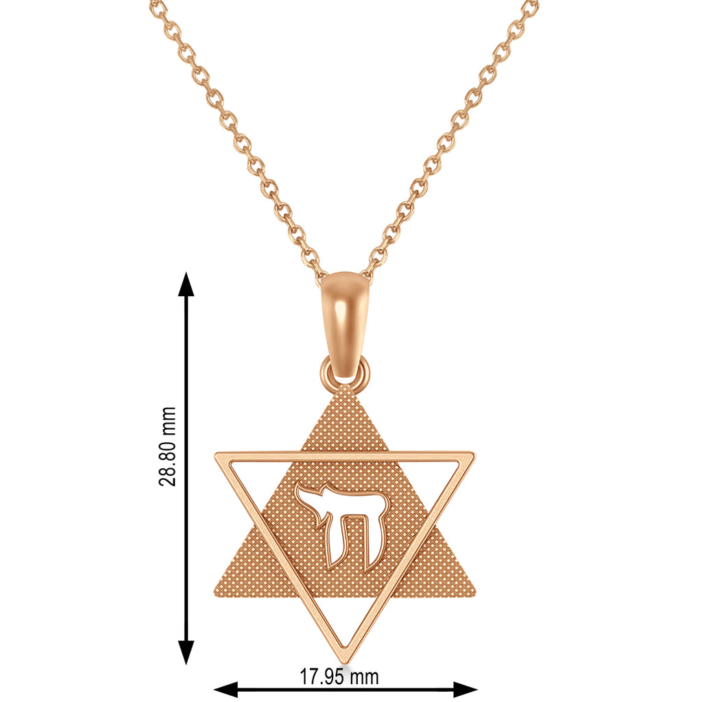 Jewish Star of David with Chai Pendant Necklace 14K Rose Gold