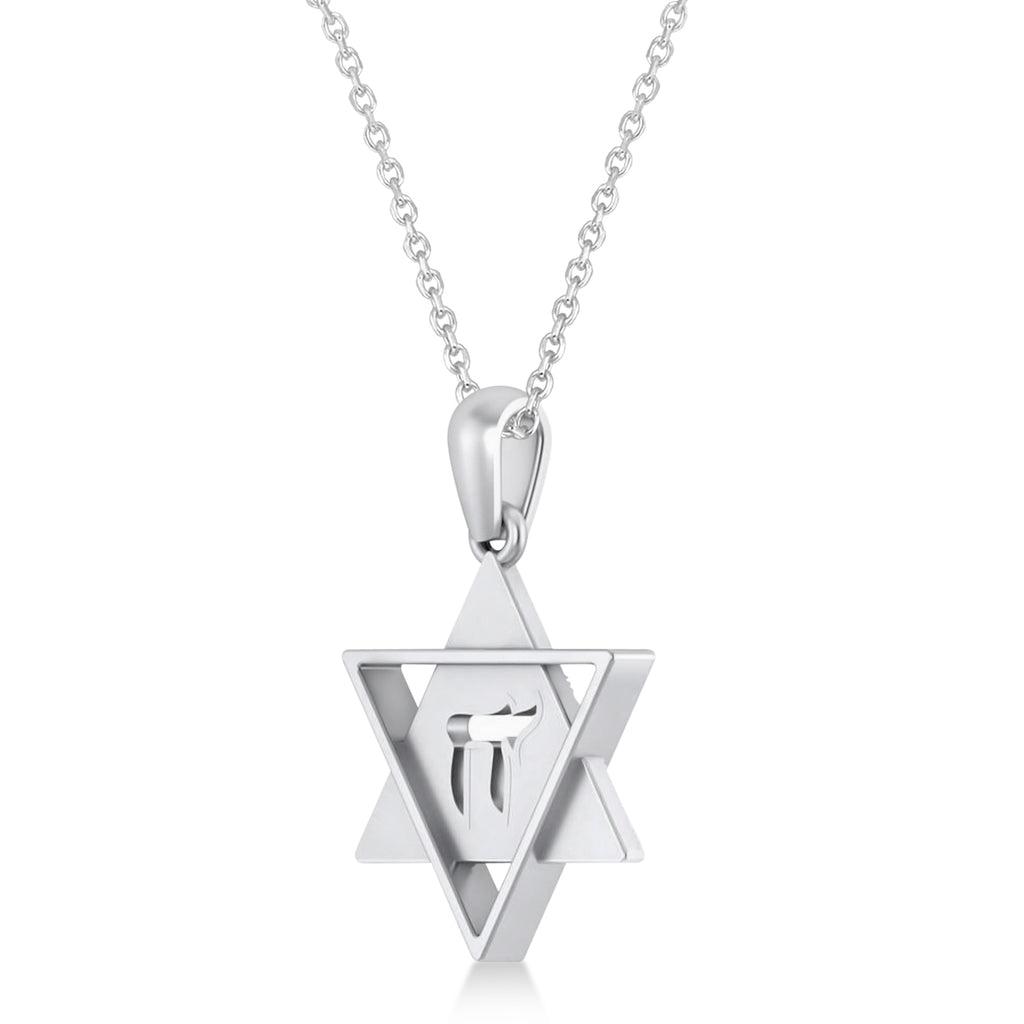 Jewish Star of David with Chai Pendant Necklace 14K White Gold