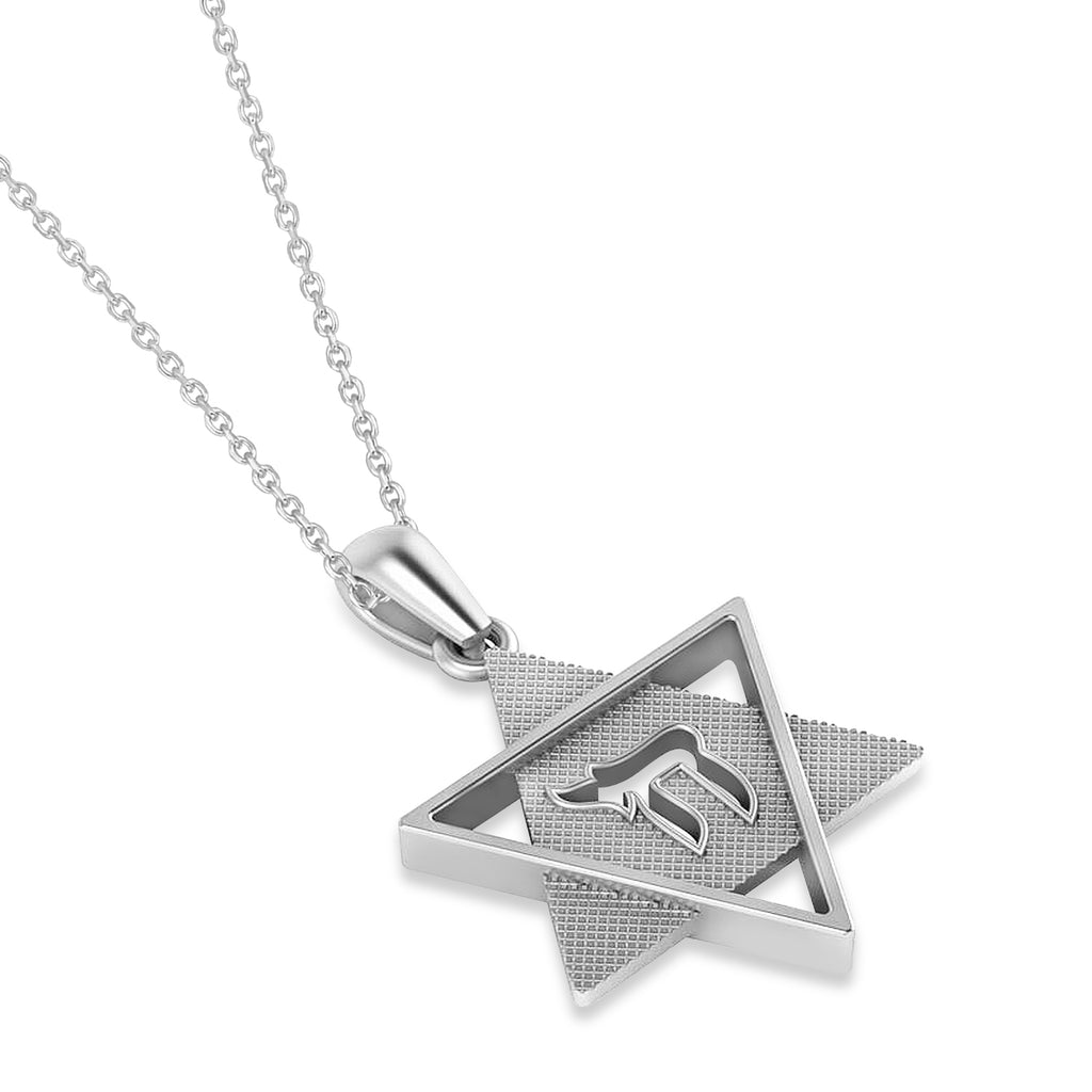Jewish Star of David with Chai Pendant Necklace 14K White Gold