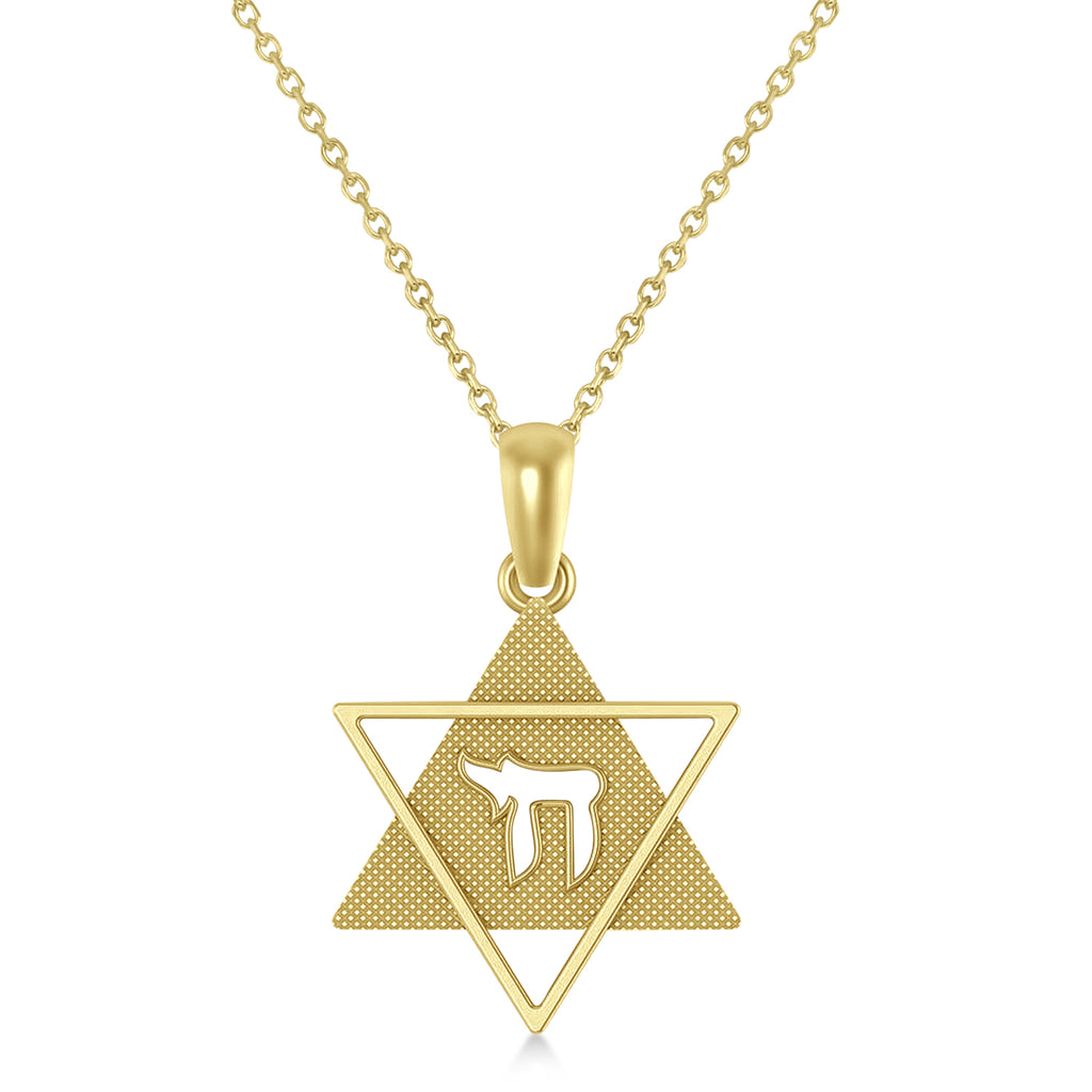 Jewish Star of David with Chai Pendant Necklace 14K Yellow Gold