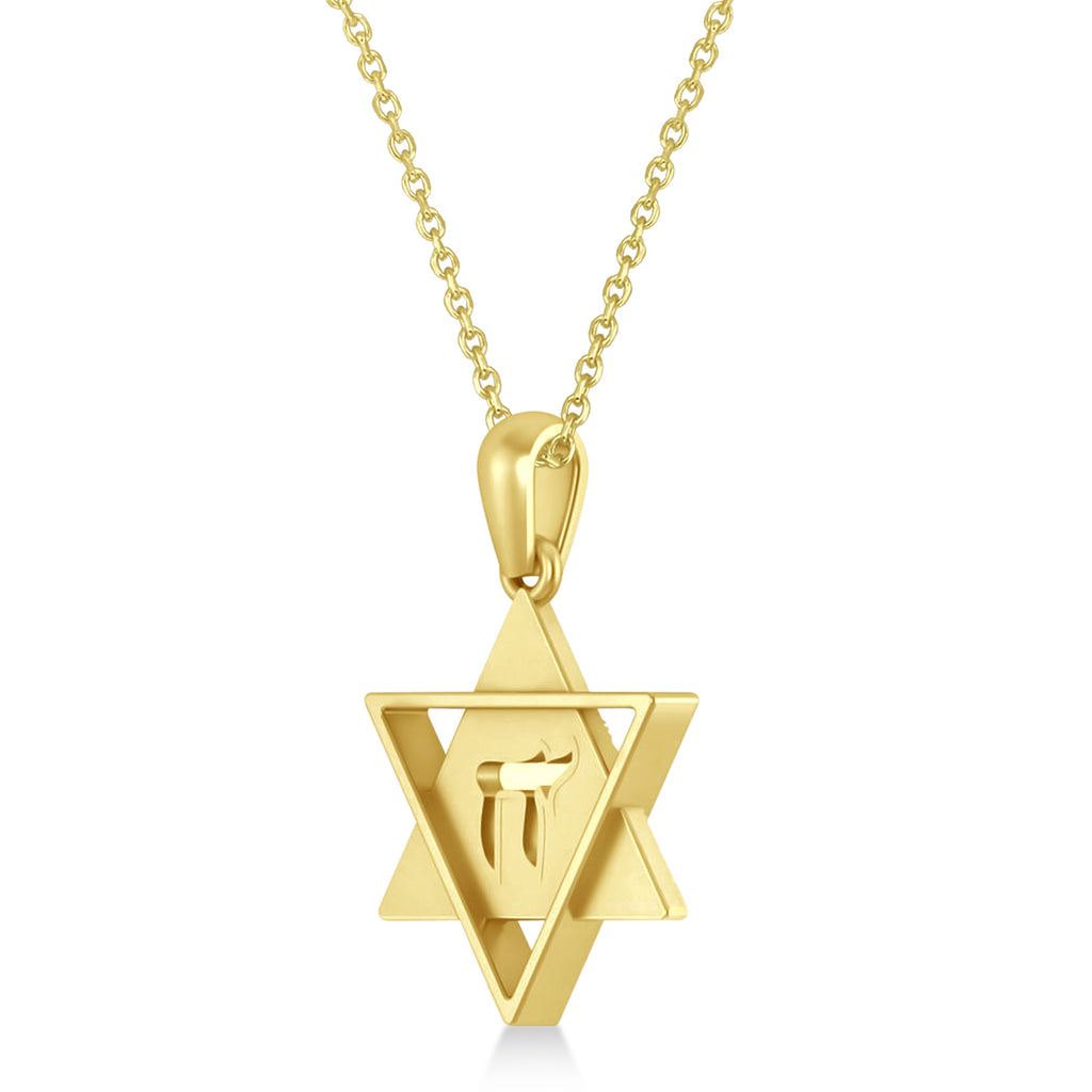Jewish Star of David with Chai Pendant Necklace 14K Yellow Gold