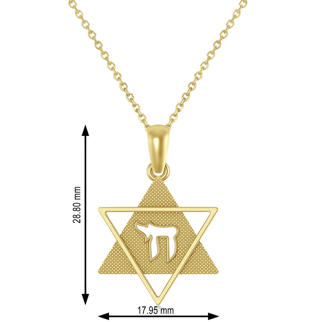 Jewish Star of David with Chai Pendant Necklace 14K Yellow Gold