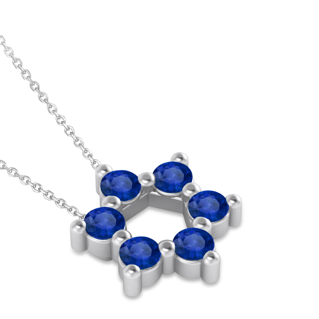 Star of David Lab Blue Sapphire Pendant Necklace 14K White Gold (0.60ct)