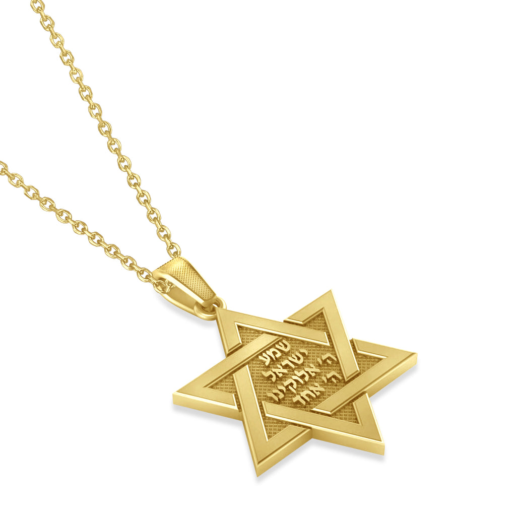 Jewish Star of David with Sheema Israel Prayer Pendant Necklace 14K Yellow Gold
