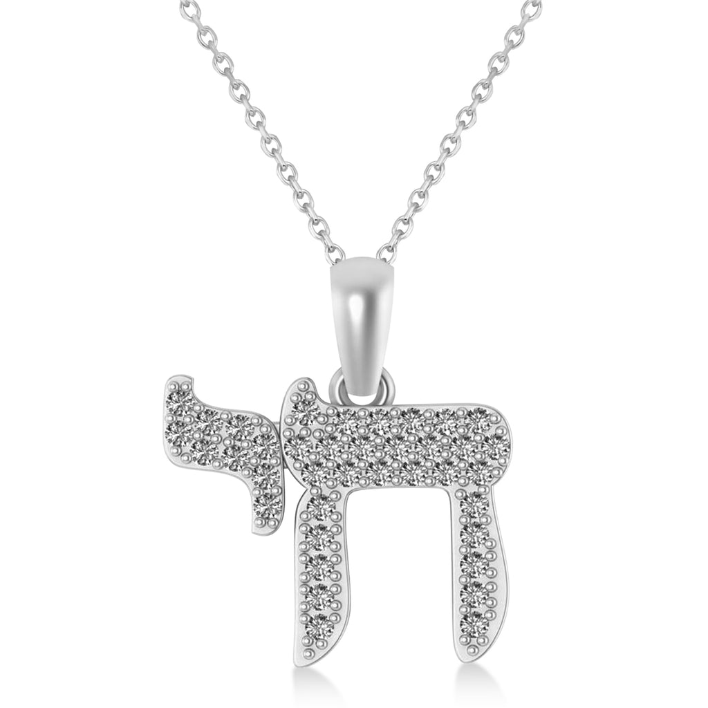 Diamond Jewish Chai Pendant Necklace 14K White Gold (0.57ct)