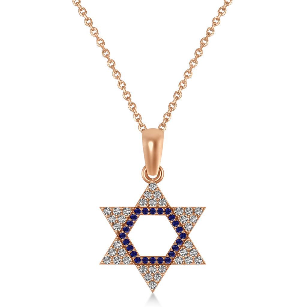 Blue Sapphire & Diamond Jewish Star Of David Pendant Necklace 14K Rose Gold (0.48ct)