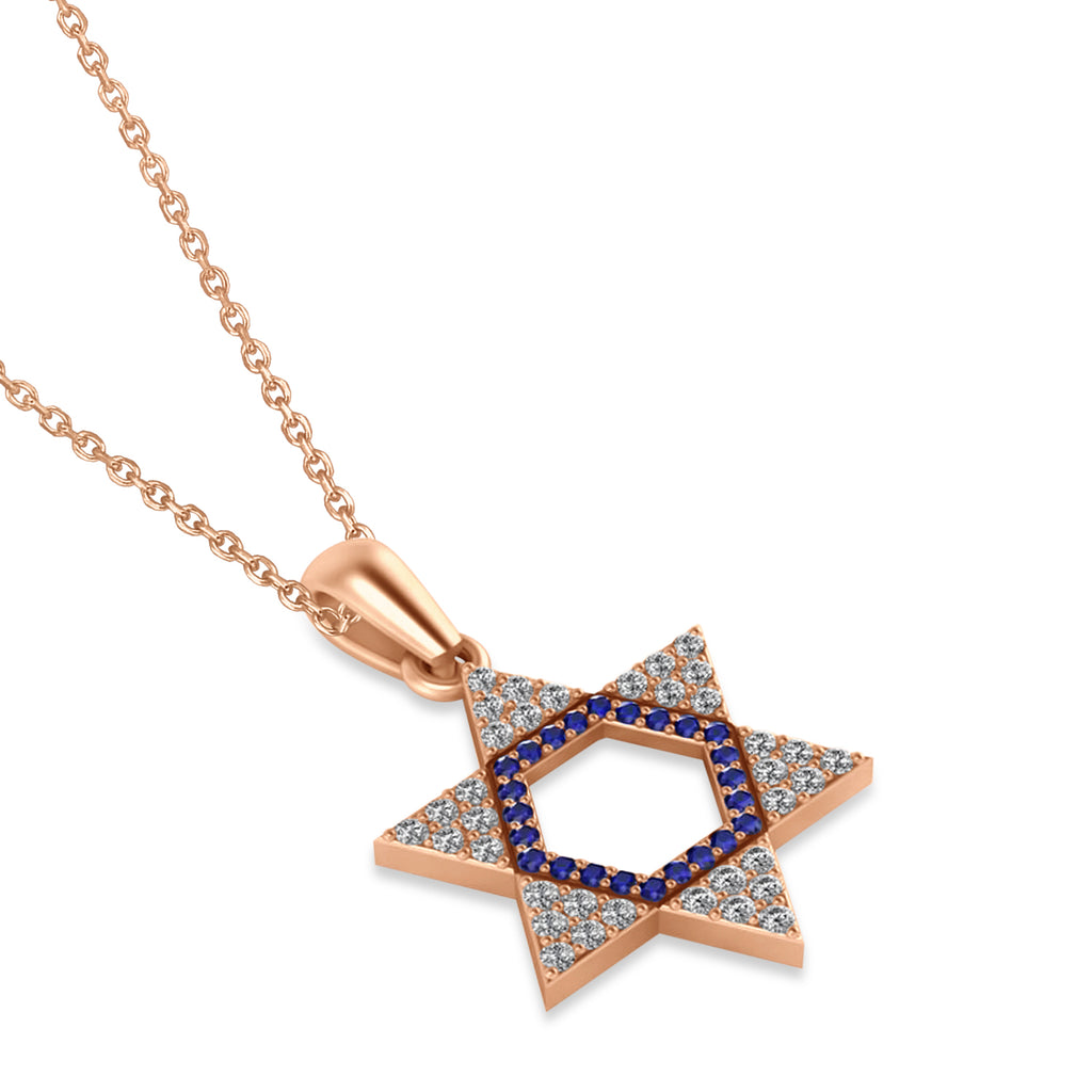 Blue Sapphire & Diamond Jewish Star Of David Pendant Necklace 14K Rose Gold (0.48ct)