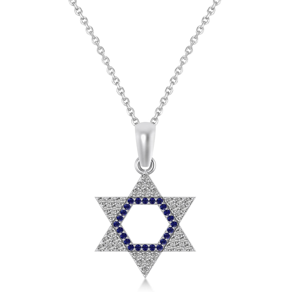 Blue Sapphire & Diamond Jewish Star Of David Pendant Necklace 14K White Gold (0.48ct)