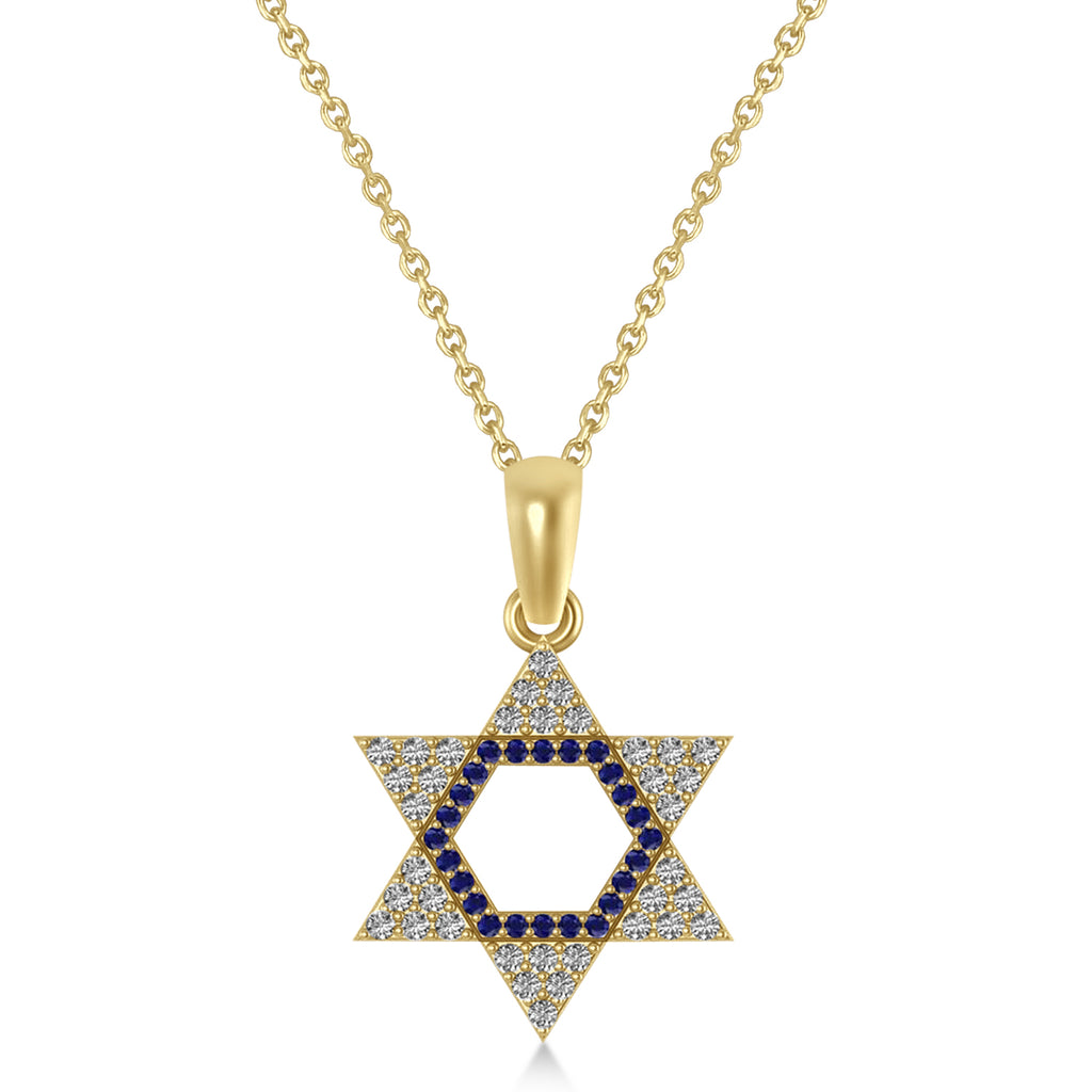 Blue Sapphire & Diamond Jewish Star Of David Pendant Necklace 14K Yellow Gold (0.48ct)