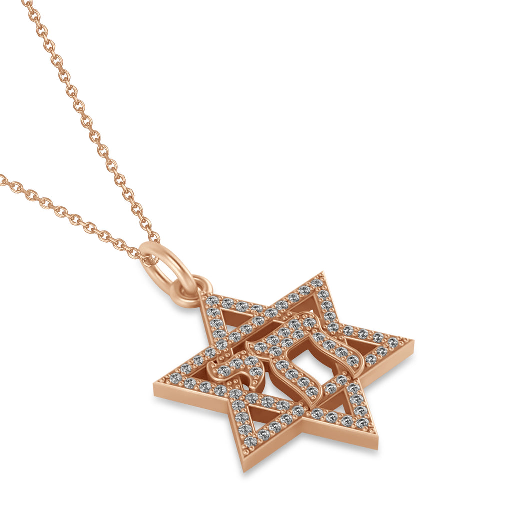 Diamond Jewish Star Of David & Chai Pendant Necklace 14K Rose Gold (0.37ct)