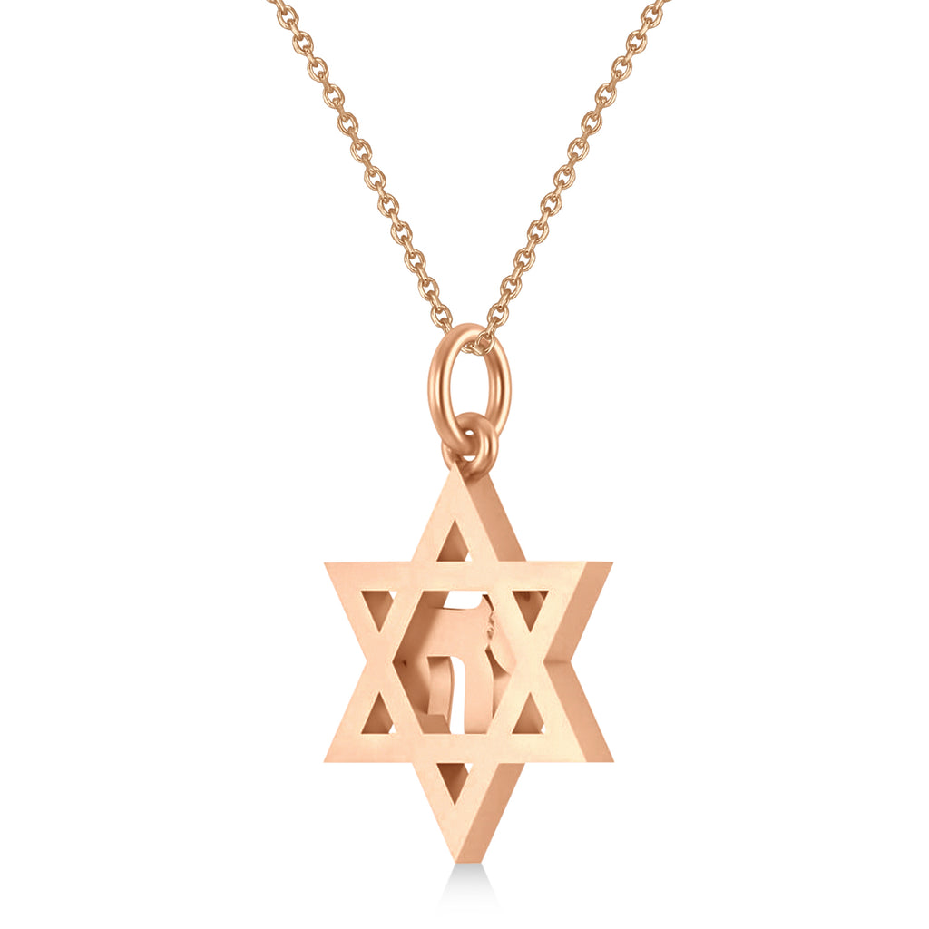 Diamond Jewish Star Of David & Chai Pendant Necklace 14K Rose Gold (0.37ct)