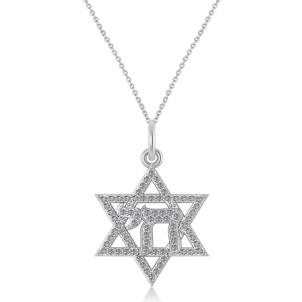Diamond Jewish Star Of David & Chai Pendant Necklace 14K White Gold (0.37ct)