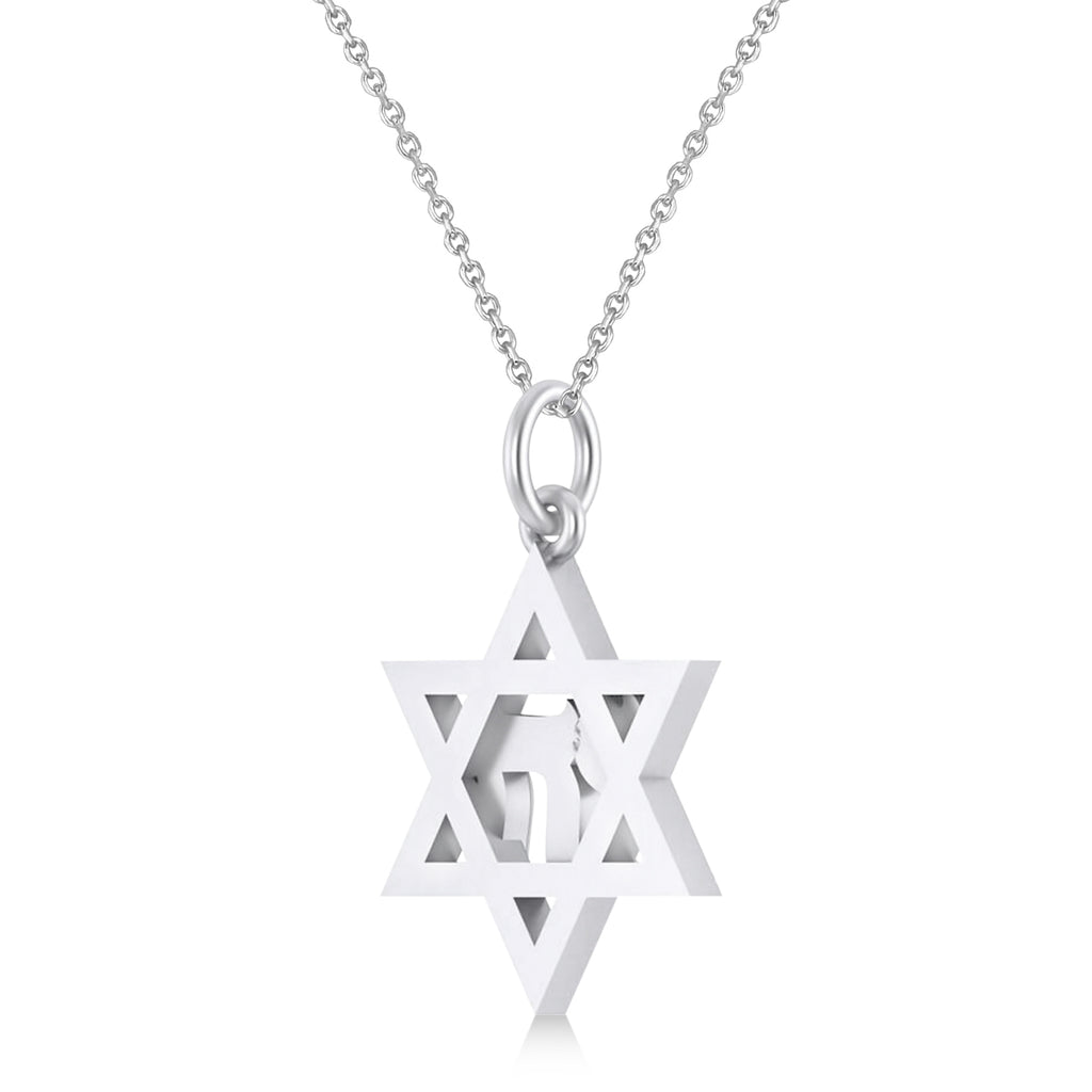 Diamond Jewish Star Of David & Chai Pendant Necklace 14K White Gold (0.37ct)