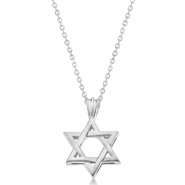 Classic Jewish Star of David Pendant Necklace Solid 14k White Gold