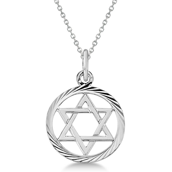 Star of David Pendant for Women Framed in Carved Circle 14k White Gold