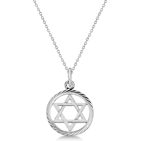 Star of David Pendant for Women Framed in Carved Circle 14k White Gold