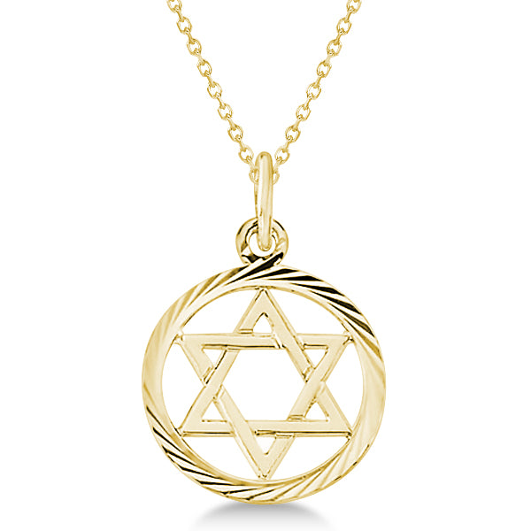 Star of David Pendant for Women Framed in Carved Circle 14k Yellow Gold