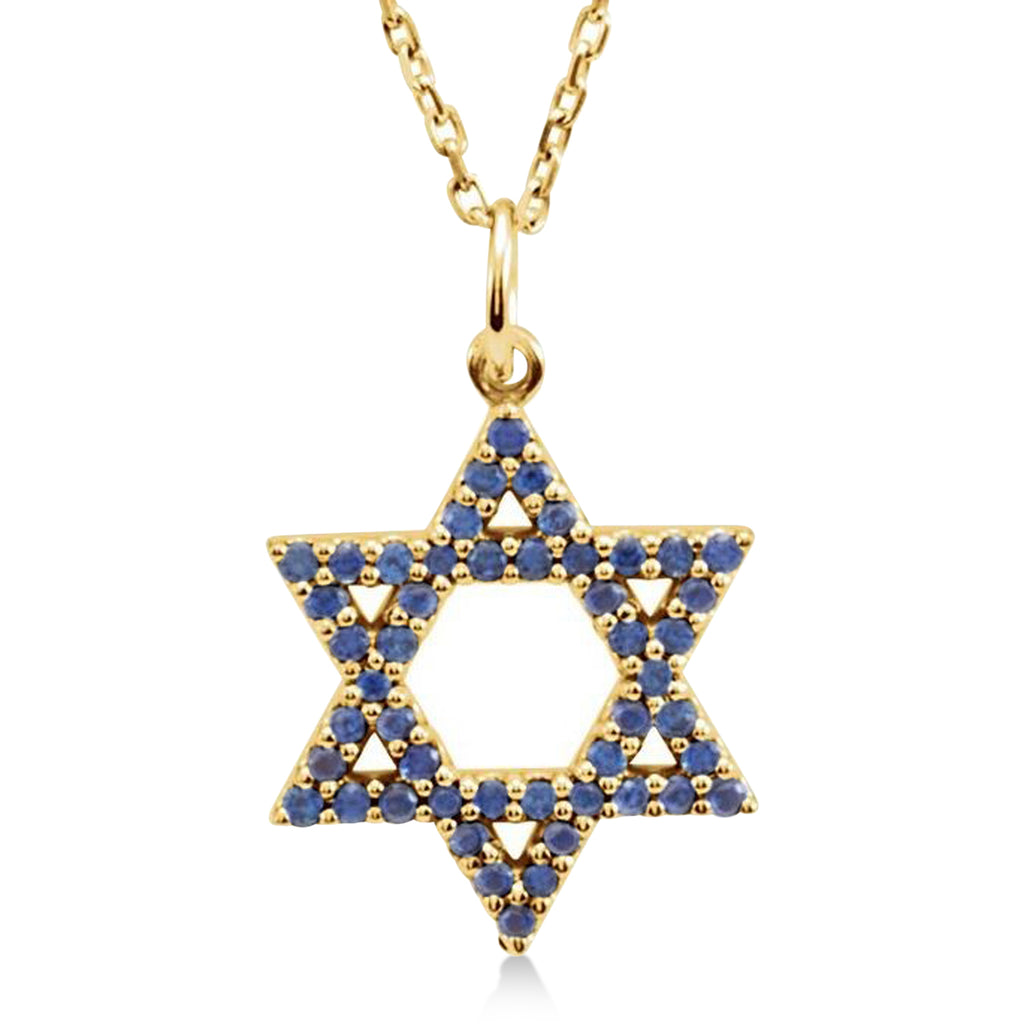 Natural Blue Sapphire Jewish Star of David Necklace 14K Yellow Gold