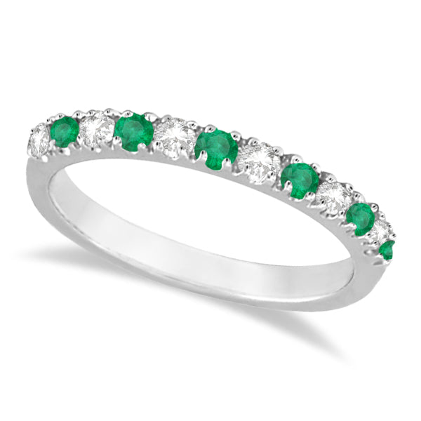 Diamond and Emerald Ring Guard Anniversary Band 14k White Gold (0.32ct)