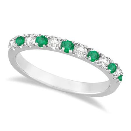 Lab Diamond and Lab Emerald Ring Guard Anniversary Band 14k White Gold (0.32ct)