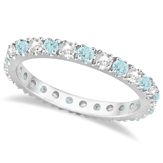 Diamond & Aquamarine Eternity Ring Stack Band 14K White Gold (0.51ct)
