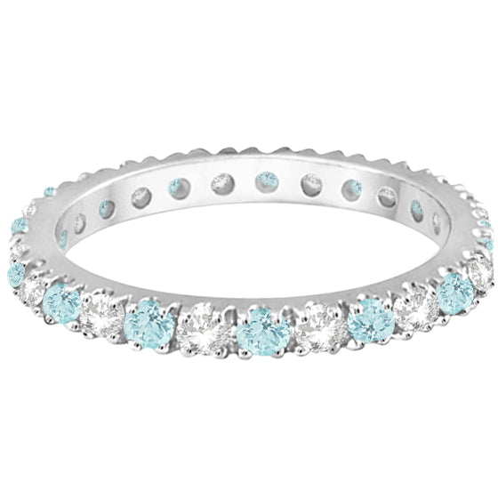 Diamond & Aquamarine Eternity Ring Stack Band 14K White Gold (0.51ct)